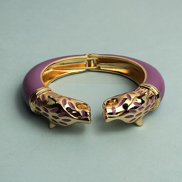 Statement Chunky Glaze Hinged Cuff Bracelet Double Wolf Head Purple Gold… - Picture 6 of 8